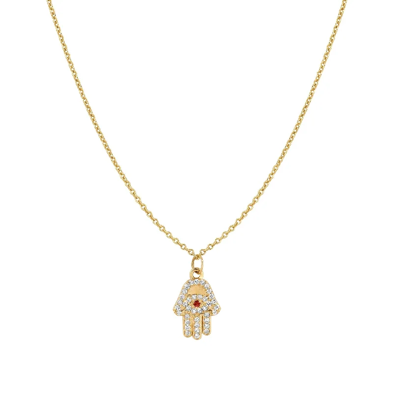 Women's moon phase necklaces-Diamond & Ruby Hamsa Necklace Yellow Gold