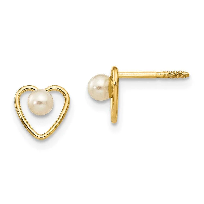 Women's clip-on earrings-Madi K Kid's 14k  3mm FW Cultured Pearl Birthstone Heart Earrings