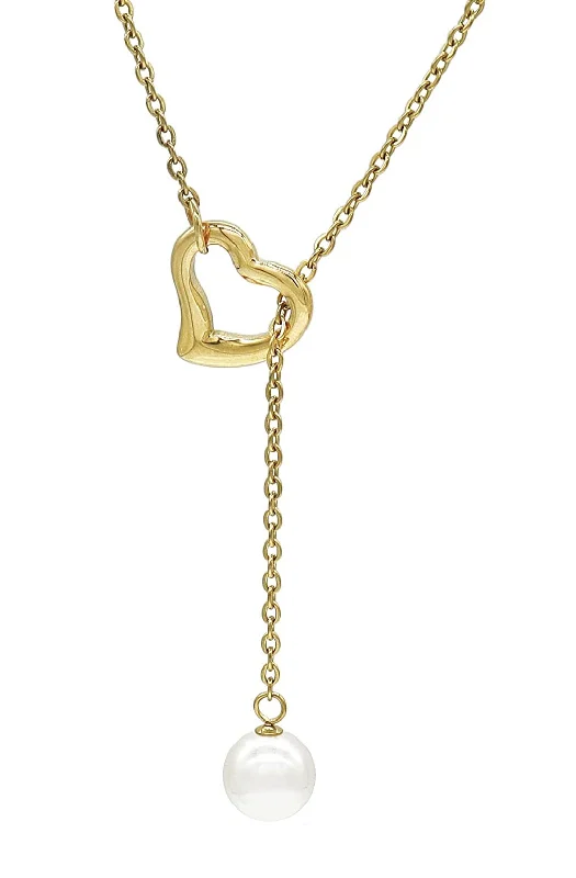 Women's crystal necklaces-18k Gold Open Heart Pearl Lariat Necklace