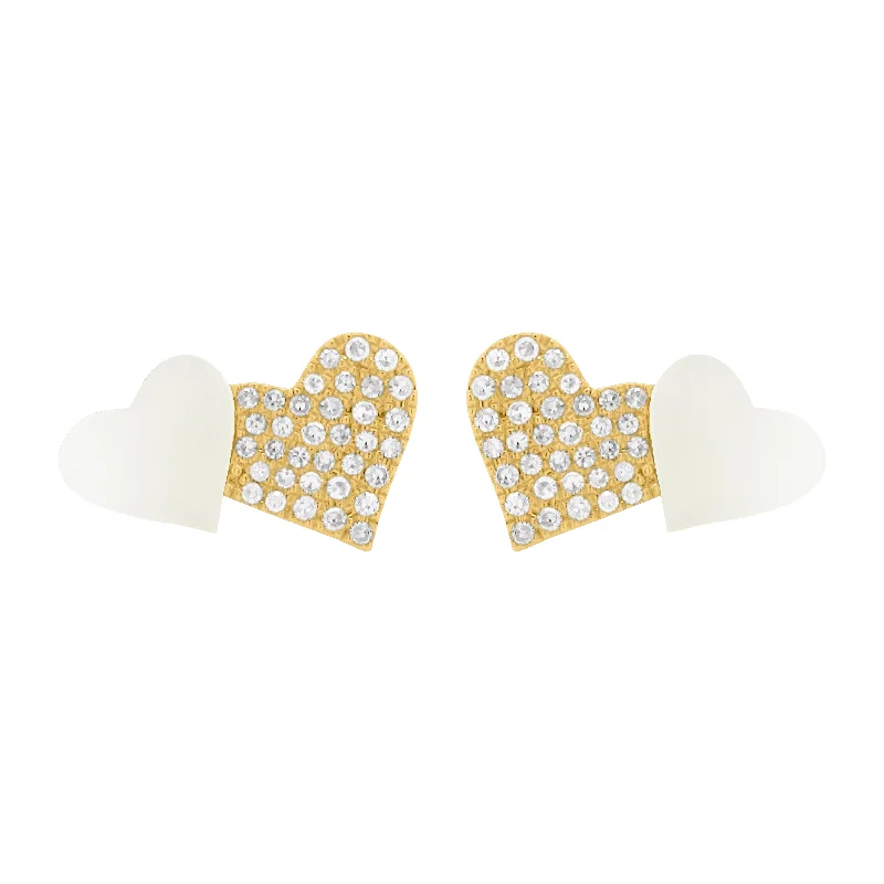 Women's waterproof earrings-14K GOLD DIAMOND MOTHER OF PEARL ALI HEART STUDS