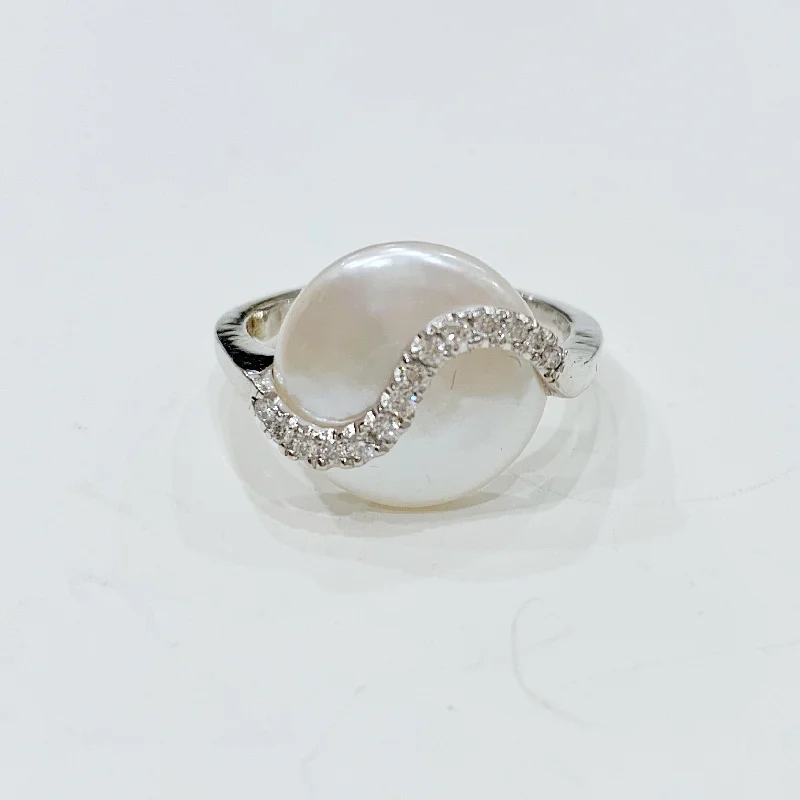 Custom women's rings-Estate Collection Ring - Vintage YVEL Diamonds &  Pearl set in 18K White Gold