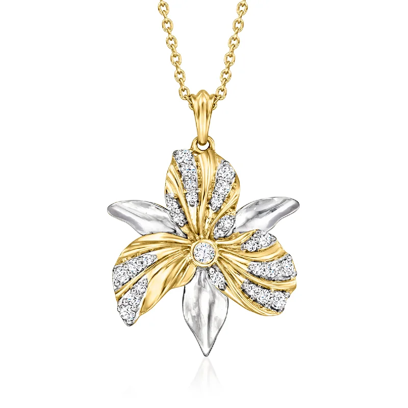 Women's travel necklaces-Ross-Simons Diamond Flower Pendant Necklace in Sterling Silver and 18kt Gold Over Sterling