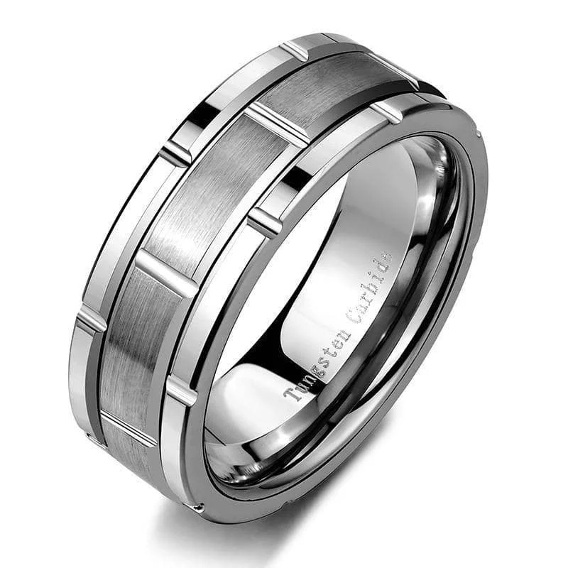 Women's travel rings-8mm Tungsten Brick Pattern Brushed Ring