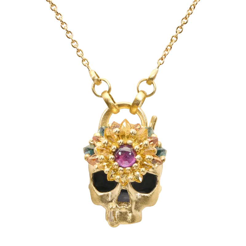 Women's birthstone necklaces-Blossom Crush Skull Daisy Padlock Necklace - 11696