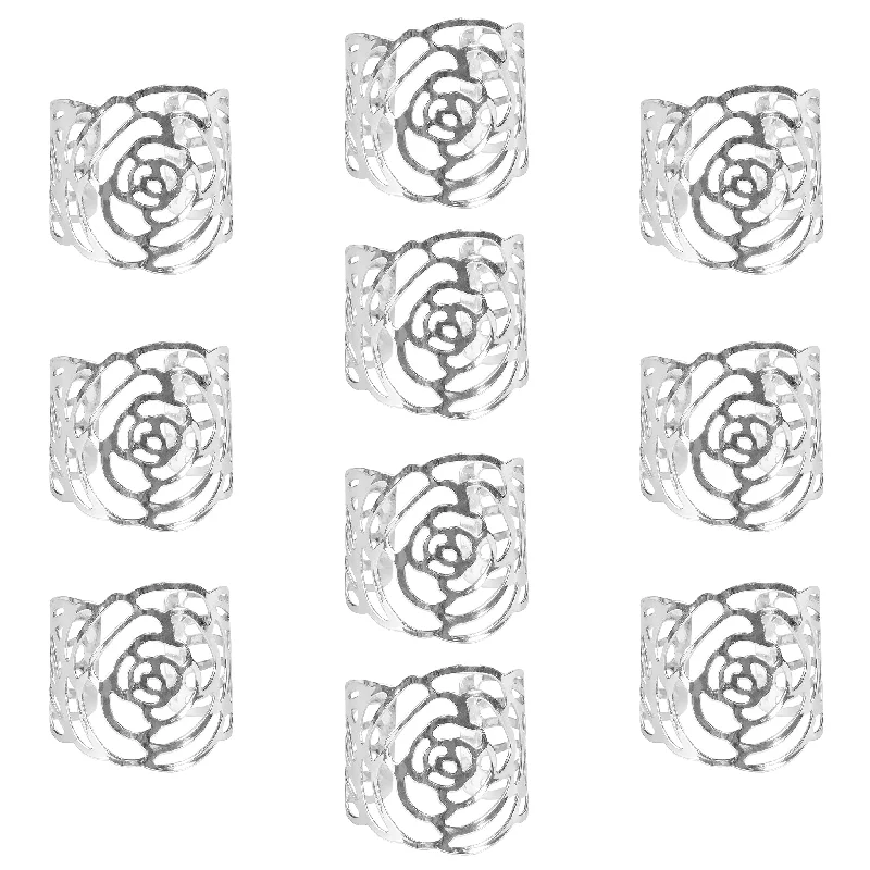 Women's formal rings-10 pc/pk Laser Cut Rose Metal Napkin Ring - Silver