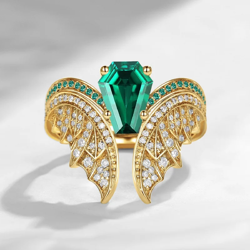 Women's everyday rings-Coffin Cut Lab Emerald Vintage Yellow Gold Bridal Set 2pcs - Bat Ring