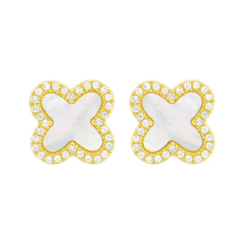 Women's crystal earrings-14K GOLD DIAMOND MOTHER OF PEARL EVA CLOVER STUDS