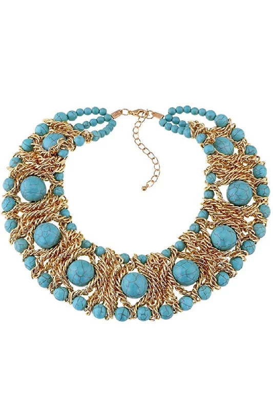 Handmade women's necklaces-18K Gold Multi Turquoise Statement Necklace