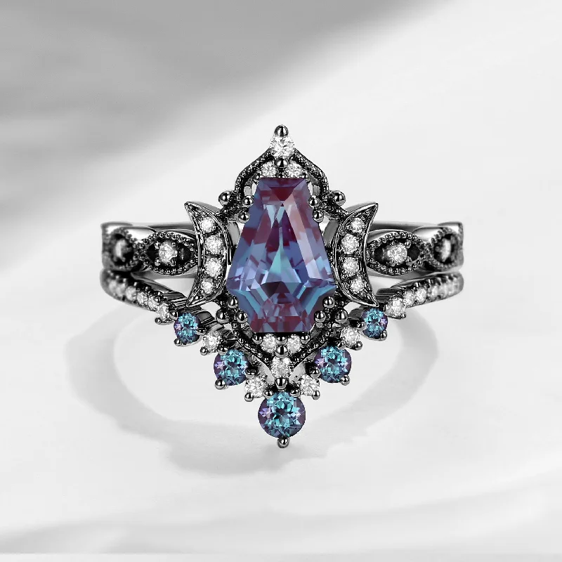 Women's bridal rings-Crescent Moon | Coffin Cut Lab Alexandrite 'Black Statement' Ring Set 2pcs