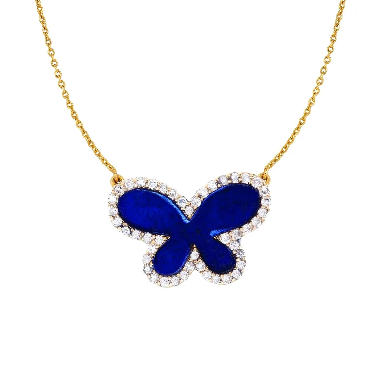 Women's diamond necklaces-Diamond Lapis Butterfly Necklace (Medium) Yellow Gold