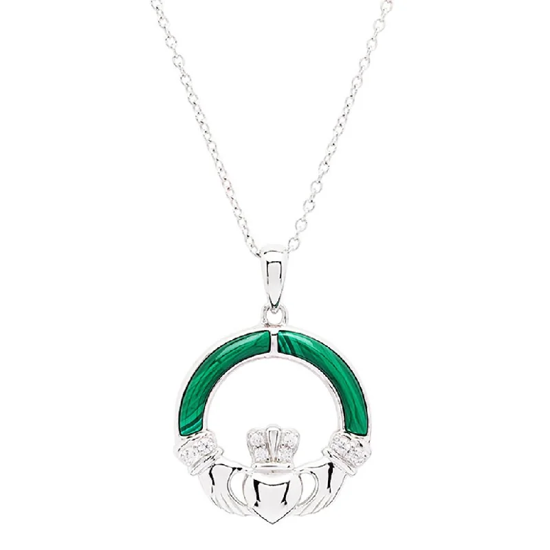 Women's spiritual necklaces-Shanore : Green Malachite Sterling Silver Claddagh Pendant