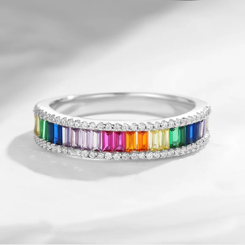 Women's promise rings-Full Eternity Baguette Cut Pave Rainbow Ring