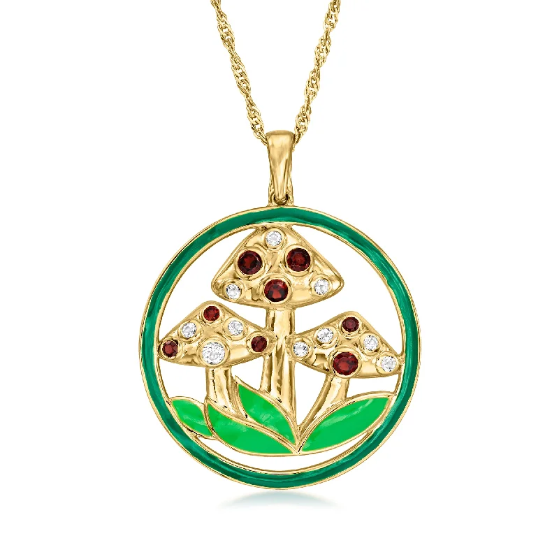 Women's family necklaces-Ross-Simons White Topaz and . Garnet Mushroom Pendant Necklace With Green Enamel in 18kt Gold Over Sterling