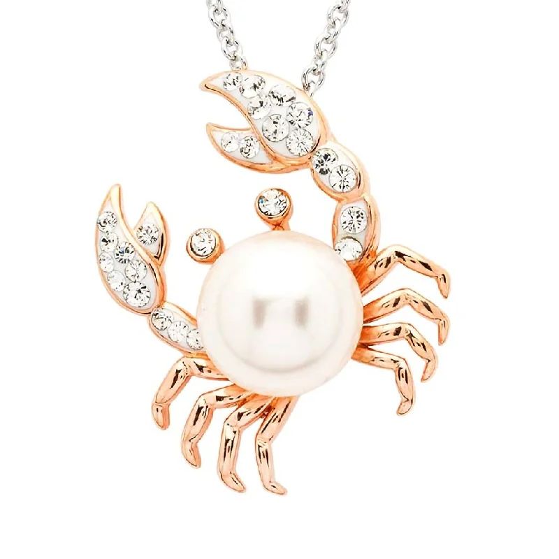 Women's beaded necklaces-Ocean : Sterling Silver Pearl Crab Necklace with White Crystals and Rose Gold