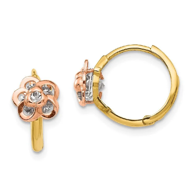 Women's crystal earrings-Madi K Kid's 14k Yellow & Rose Gold  CZ Flower Hinged Hoop Earrings