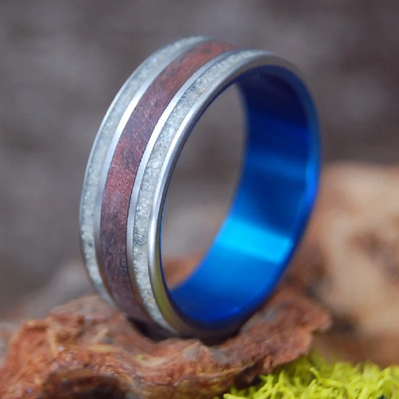 Women's wedding rings-Wood And Beach Blue | Men's Amboyna Burl, Beach Sand & Titanium Wedding Ring