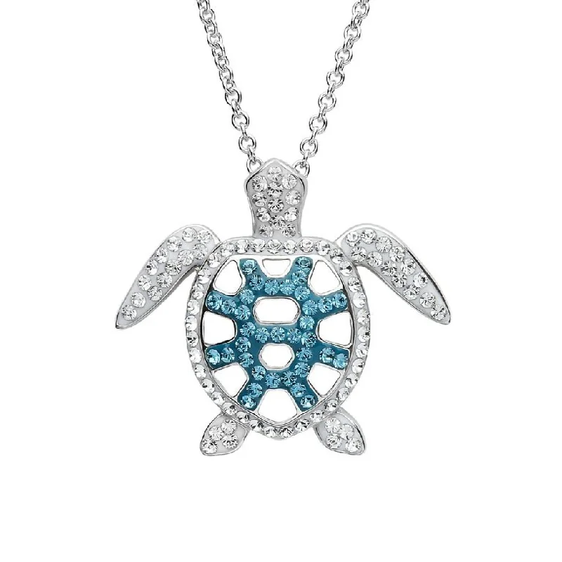 Women's cross necklaces-Ocean : Filigree Turtle Pendant With Teal Crystals