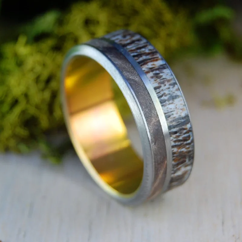 Women's Buddha rings-Sunset Sugar Shack | Men's Moose Antler, Dark Maple & Titanium Wedding Ring