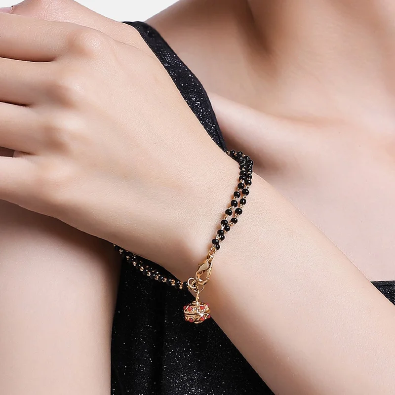 Women's exclusive bangles-Estele Gold Plated Beautiful Black Beads Bracelet with Ruby Stones for Women