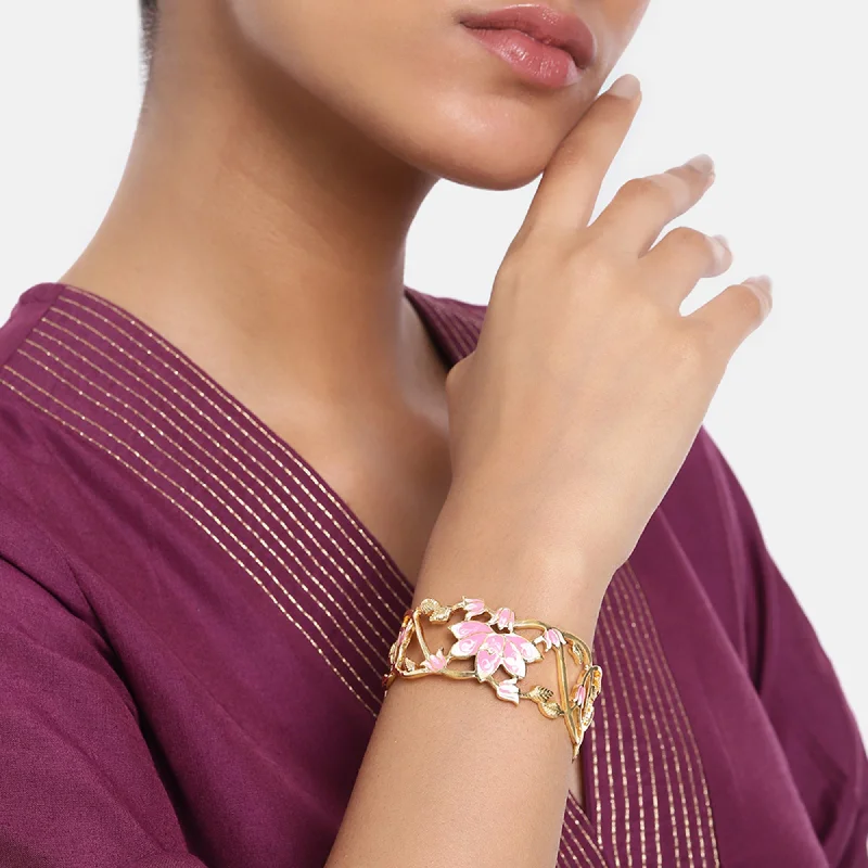 Trendy women's bangles-Estele Gold Plated Gorgeous Lotus Designer Cuff Bracelet with Pink Enamel for Girl's & Women