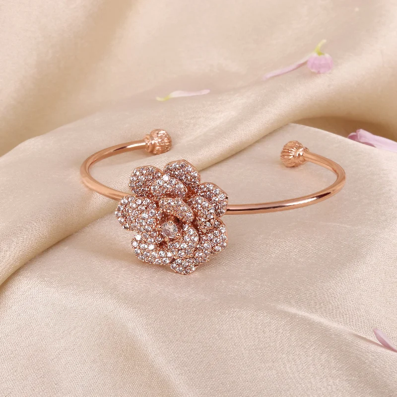 Women's Valentine's Day bangles-Estele Valentine ROSE Special Trendy Rose Motif Cuff Bracelet for Women: Premium Rosegold Plated with Floral Detailing A Bold Statement for Every Look