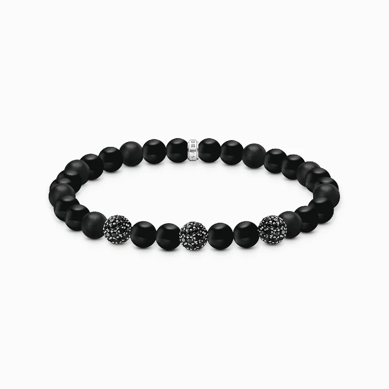 Women's Christmas bangles-Sterling Silver Black Zirconia Obsidian Beaded Bracelet A2195-705-11