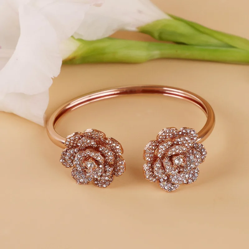 Women's astrology bangles-Estele Valentine ROSE Special Elegant Rose Motif Cuff Bracelet: Exclusive Rosegold Plated Floral Design for Women Perfect for Stylish Daywear & Evening Glam