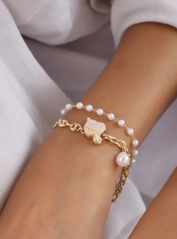 Women's custom design bangles-Evelyn Pearl Heart Layered Bracelet