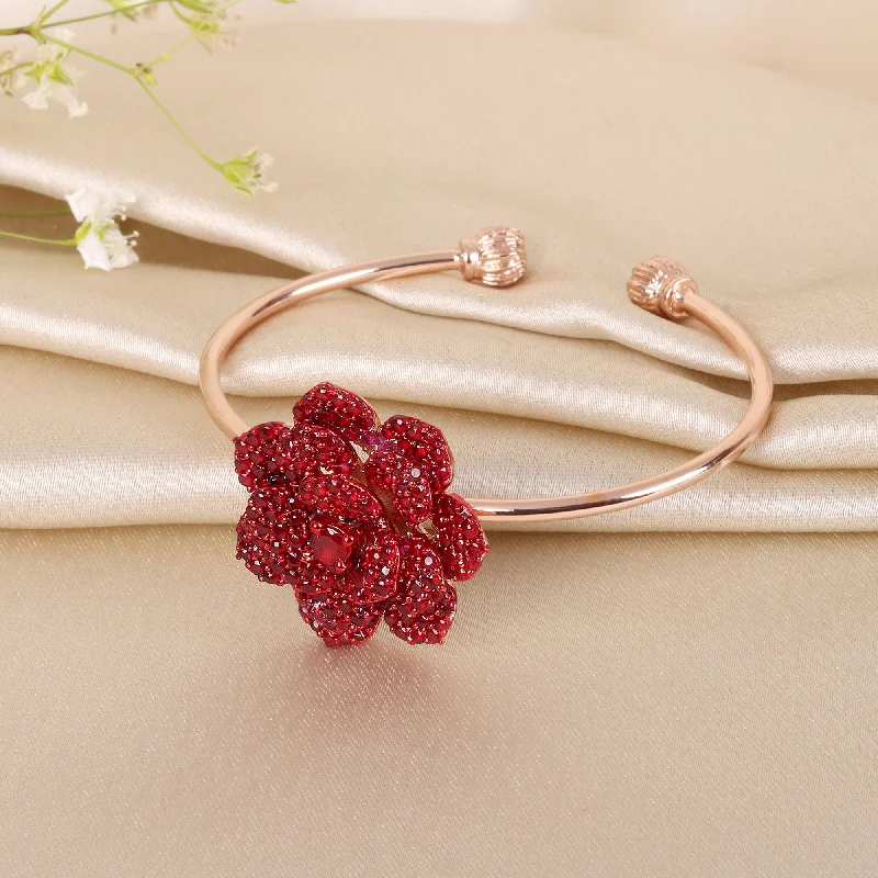 Women's zodiac bangles-Estele Valentine ROSE Special Trendy Rose Motif Cuff Bracelet for Women: Rosegold Plated Floral Charms with Ruby Red Stones A Bold Statement for Every Look