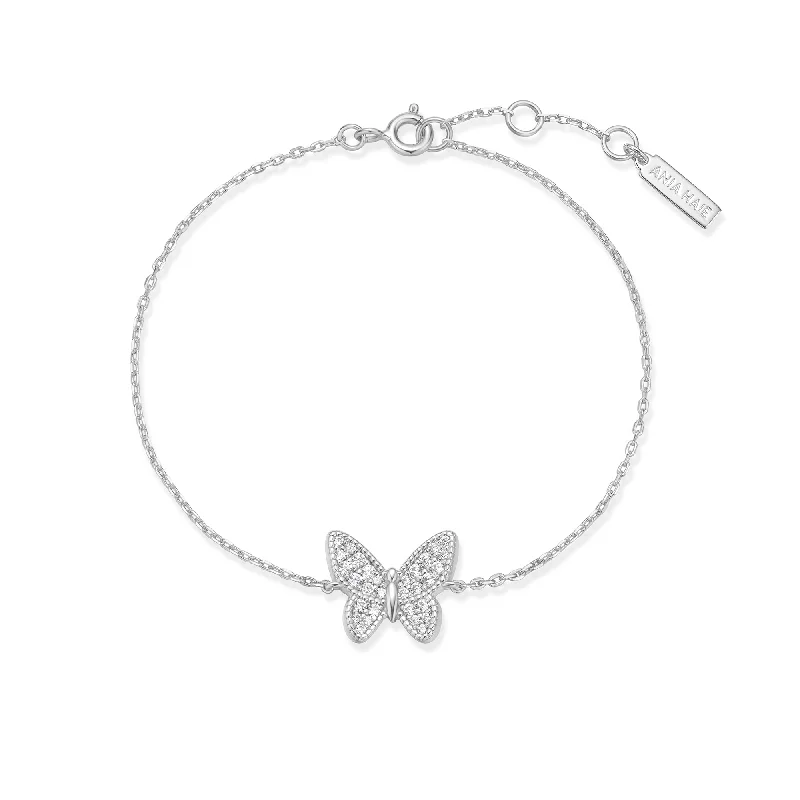 Women's fingerprint bangles-Silver Butterfly Pavé Bracelet B064-02H