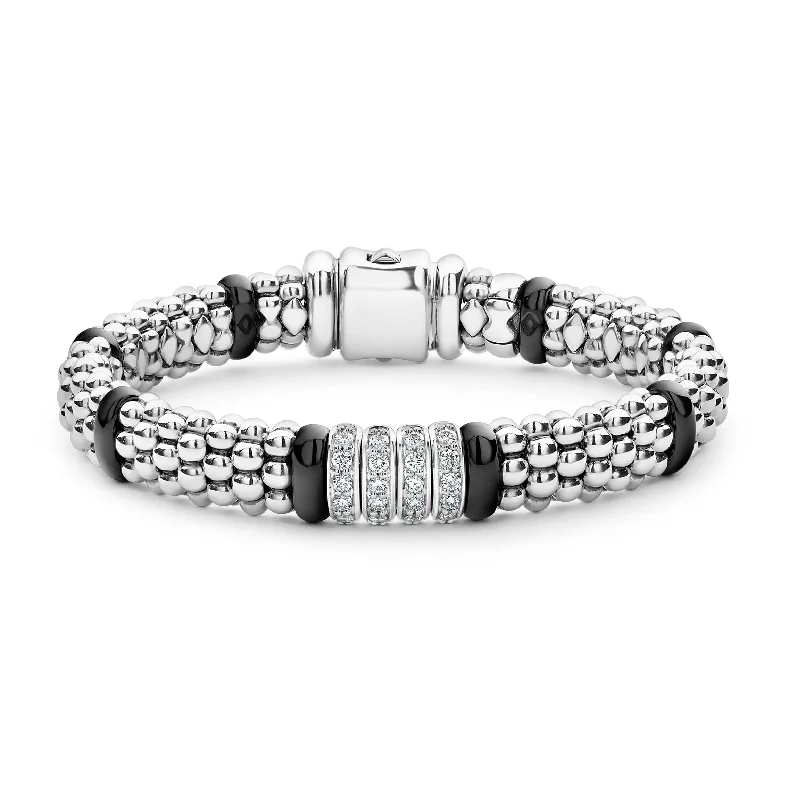 Women's art deco bangles-LAGOS Black Caviar Four Station Diamond Bracelet