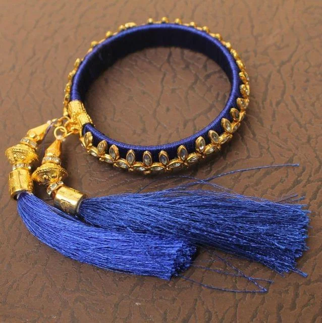 Women's pearl bangles-Designer Kundan Silk thread Adjustable Bracelet With Latkan Blue