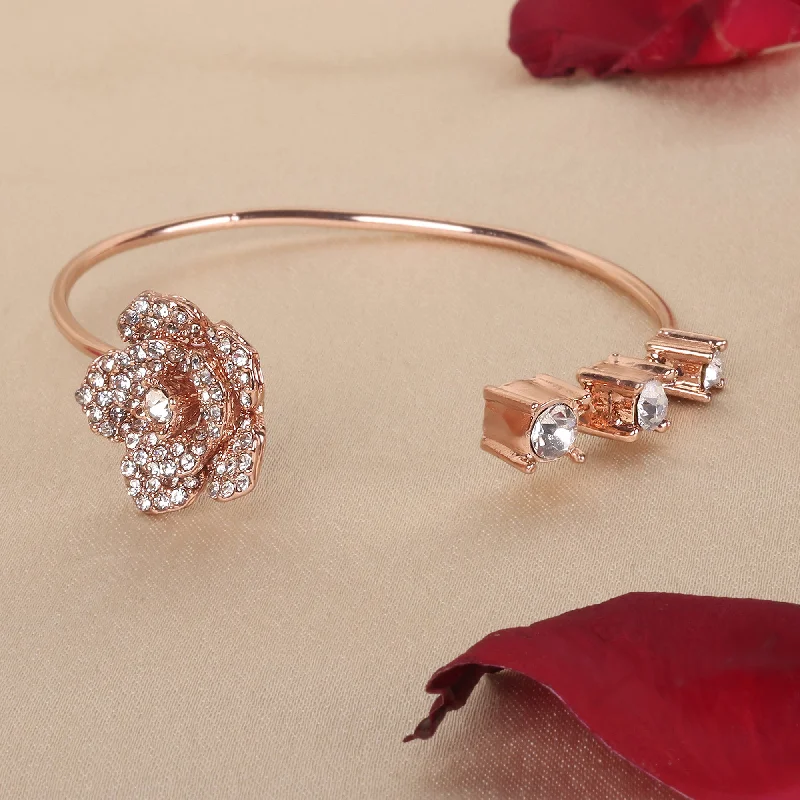 Women's family bangles-Estele Valentine ROSE Special Luxurious Rosegold Plated Classic Rose Motif Cuff Bracelet: Elegant Floral Design for Women Timeless Jewelry for Special Occasions