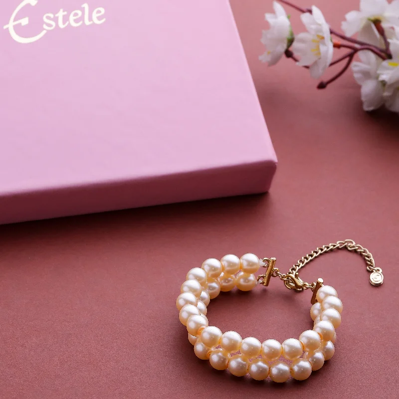 Women's exclusive bangles-Estele Gold Plated - Creamy Pearl double line Bracelet