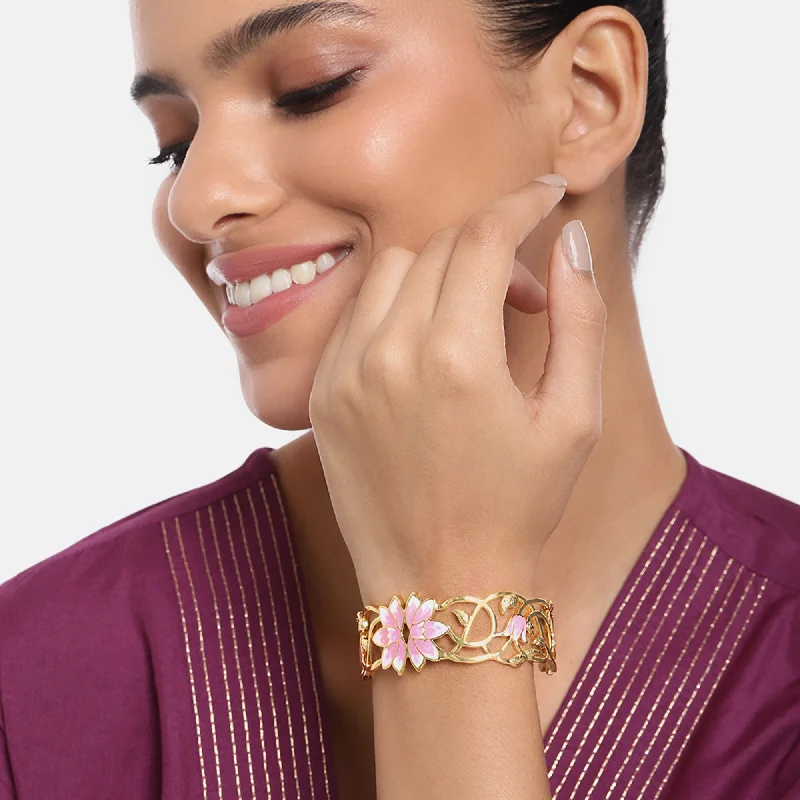 Women's silver bangles-Estele Gold Plated Fascinating Lotus Designer Cuff Bracelet with Pink Enamel for Girl's & Women