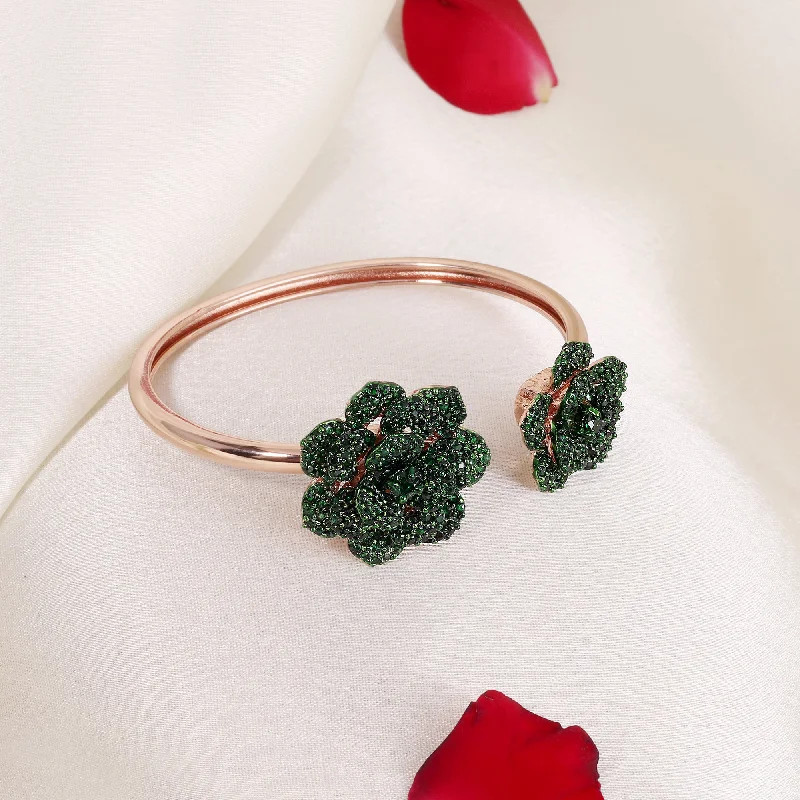 Women's bohemian bangles-Estele Valentine ROSE Special Stunning Green American Diamond Rose Motif Cuff Bracelet with Rosegold Finish for Women Adjustable Fit for All Wrist Sizes