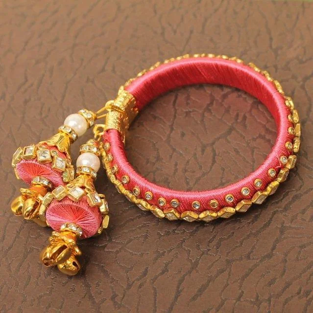 Women's sizeable bangles-Designer Kundan Silk thread Adjustable Bracelet With Latkan Pink