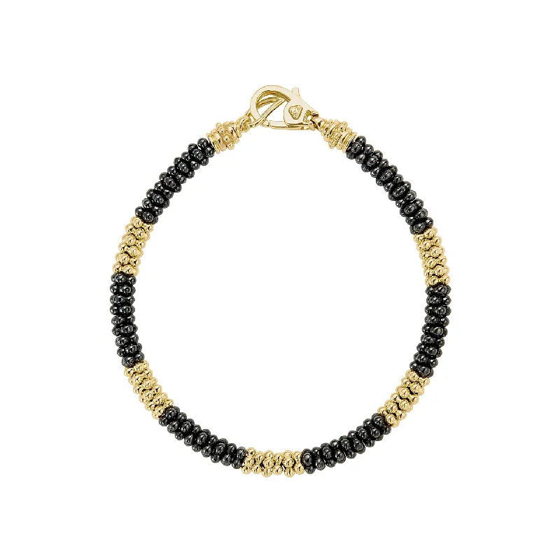 Women's tennis bracelets-LAGOS Black Caviar Five Large 18K Gold Station Ceramic Beaded Bracelet, 5mm