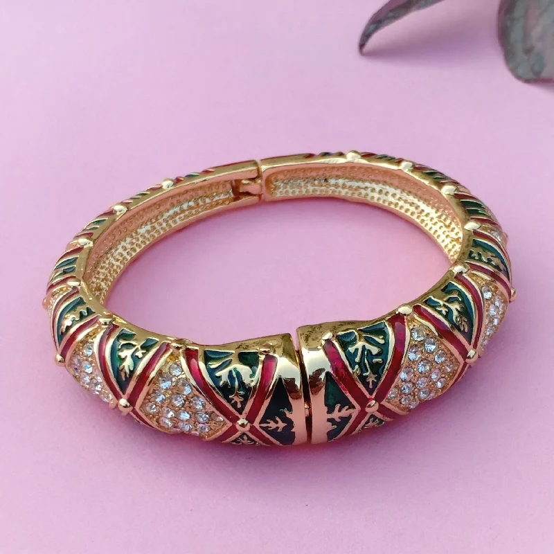 Women's moon phase bangles-Estele Gold Plated Diamond Pattern Green and Red Enamel Meenakari Cuff Bracelet with Crystals for Women