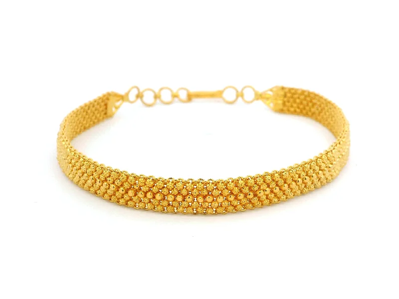 Women's travel bangles-22ct Yellow Gold Flat Bracelet with Filigree Work Design – Classic and Elegant Gold Jewellery