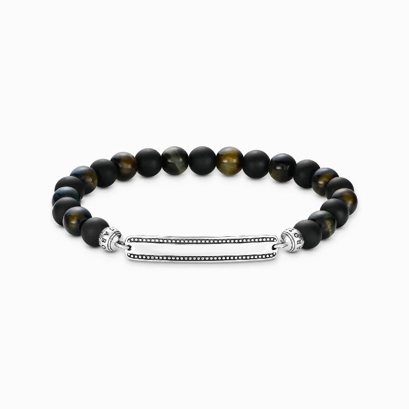 Women's Buddha bangles-Sterling Silver Obsidian & Tiger's Eye Beaded Bracelet A2180-806-11