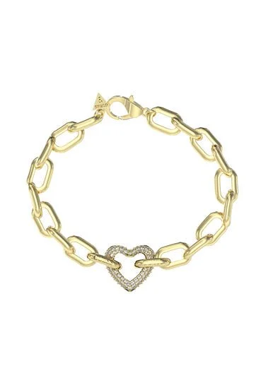 Women's platinum bangles-Ladies Large Pave Heart Chain Bracelet UBB05016YGL