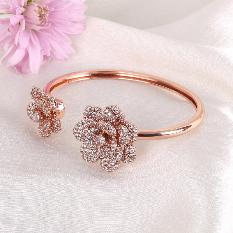 Women's cuff bracelets-Estele Valentine ROSE Special Modern Rose Motif Cuff Bracelet: Stylish Rosegold Plated with Floral Charms A Fashionable Statement for Women