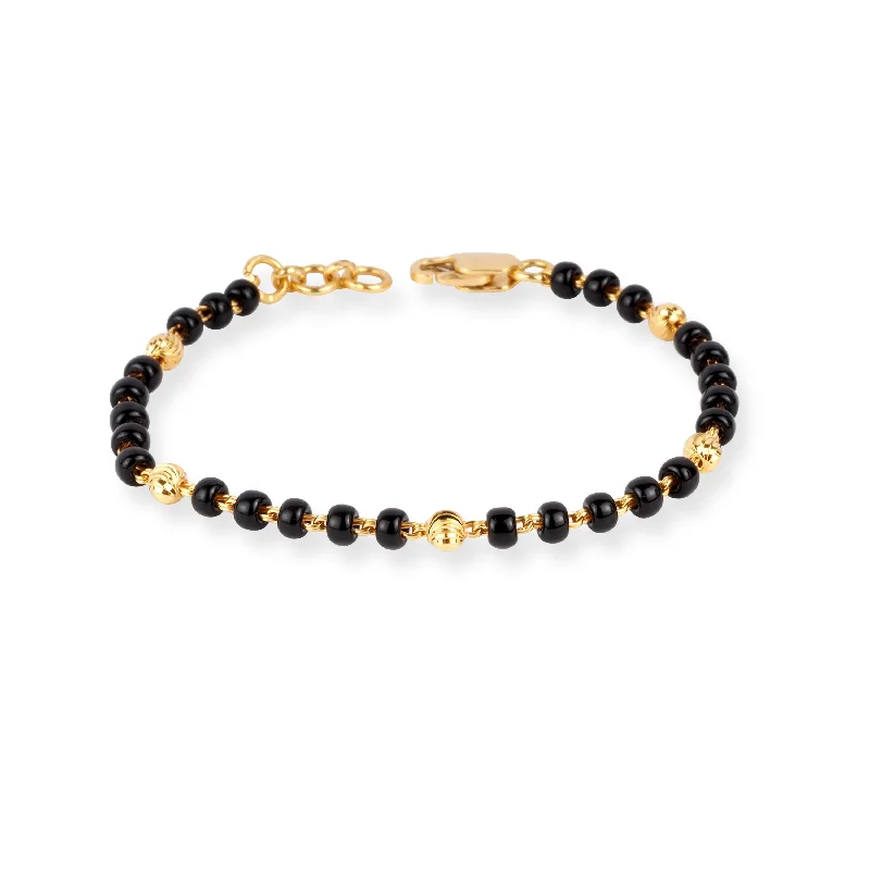 Women's cuff bracelets-22ct Gold Children's Bracelet with Black Beads and Lobster Clasp CBR-8482