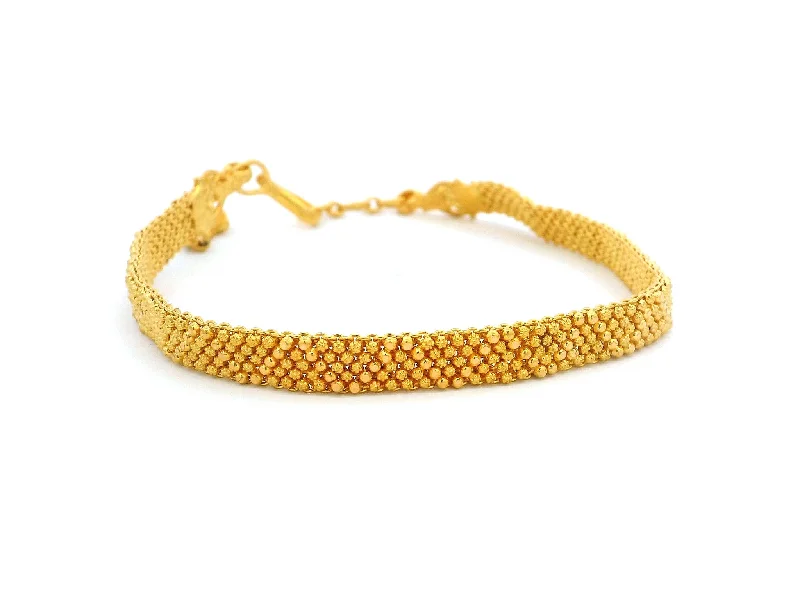 Women's spiritual bangles-22ct Yellow Gold Flat Bracelet with Filigree Work Design & Charm | Elegant Gold Bracelet