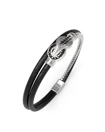 Women's heirloom bangles-Gents Large Crystal And Knot Leather Bracelet UMB05029STBKL