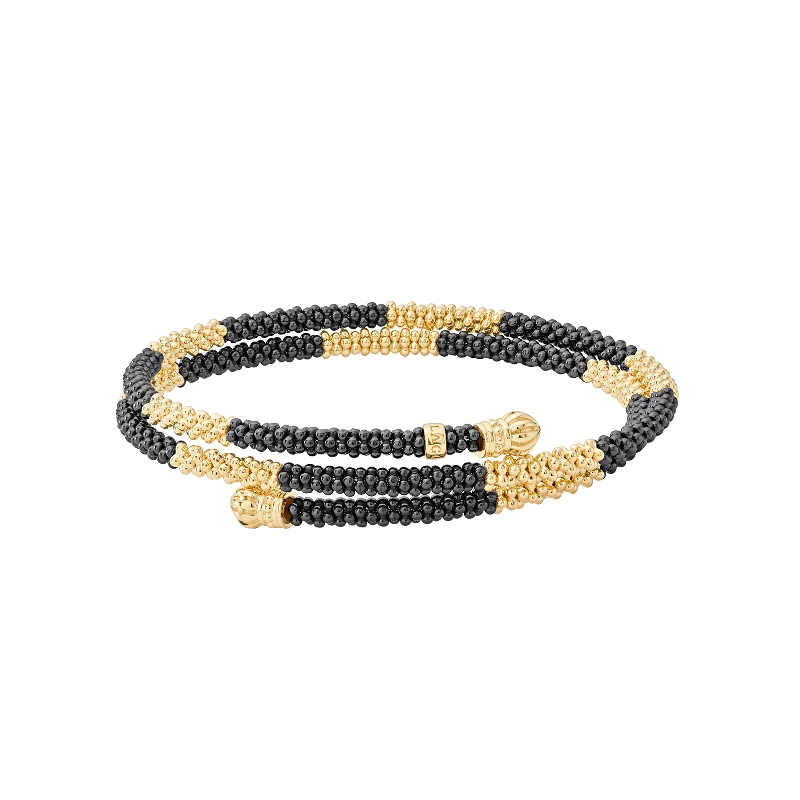 Women's ruby bangles-LAGOS Black Caviar 18K Gold Large Station Ceramic Wrap Bracelet