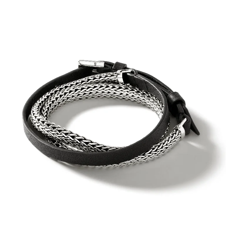 Women's bohemian bangles-John Hardy Classic Chain Silver Three Wrap Chain and Black Leather Bracelet