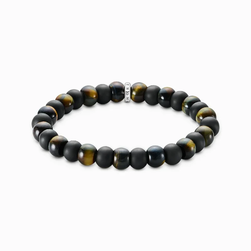 Women's stainless steel bangles-Sterling Silver Obsidian & Tiger's Eye Beaded Bracelet A2196-806-11