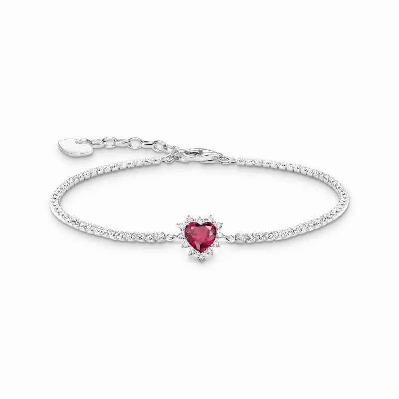 Women's sterling silver bangles-Sterling Silver Red Heart Romance Bracelet A2188-013-10